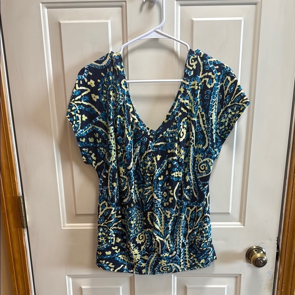Retro Banana Republic Blue and Yellow Patterned Women's Top size XS